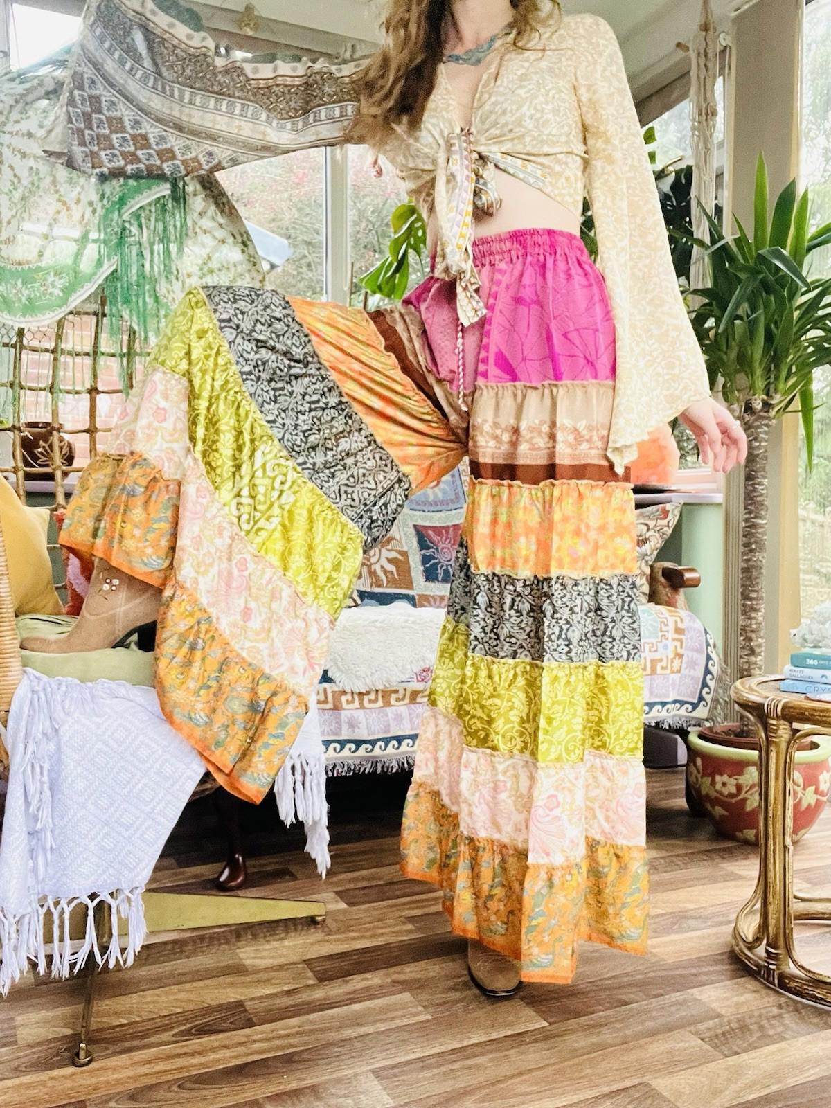 Wide Leg Trousers Vintage Patchwork Layered Sari Silk Hippie Boho Gypsy Pants M