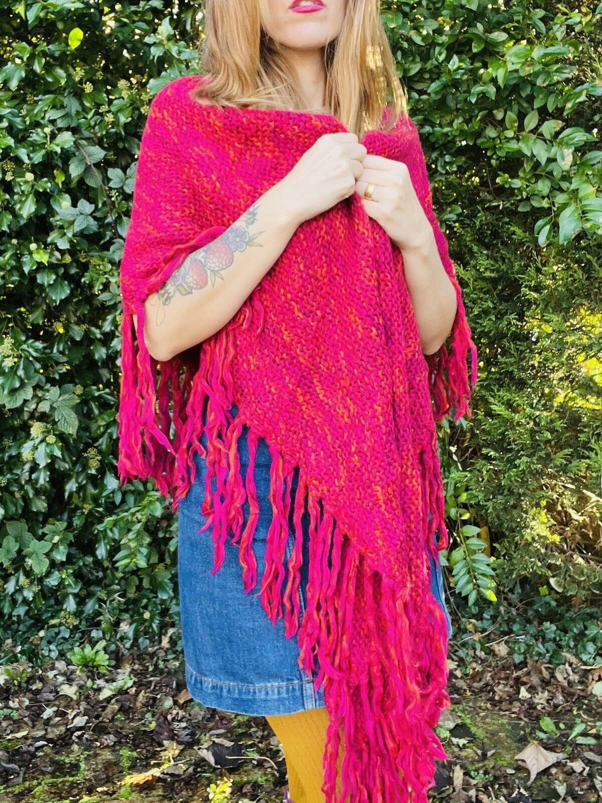 Vintage Knit Crochet Shawl Hippie Boho Triangle Wrap Cape Cottage Whimsy Scarf