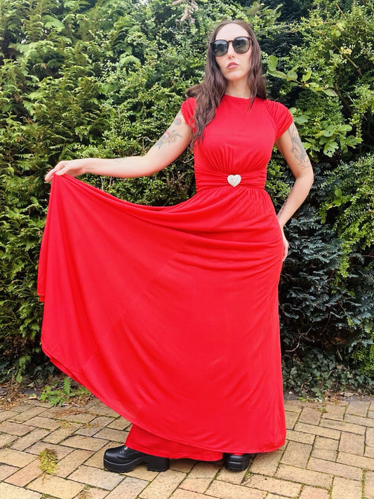 Vintage 1980s Cocktail Dress By YvetteParis, Red High Neck With Heart Belt  10