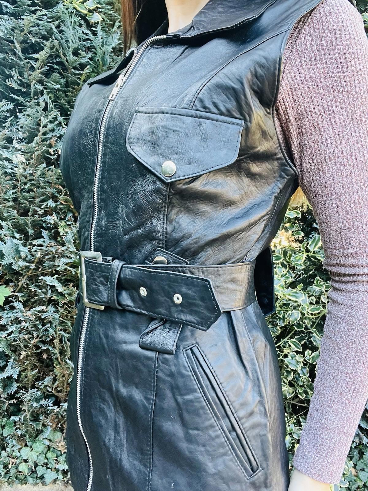 Vintage 70s 80s Leather Gilet  Retro Black Belted Sleeveless Jacket Size 10 12