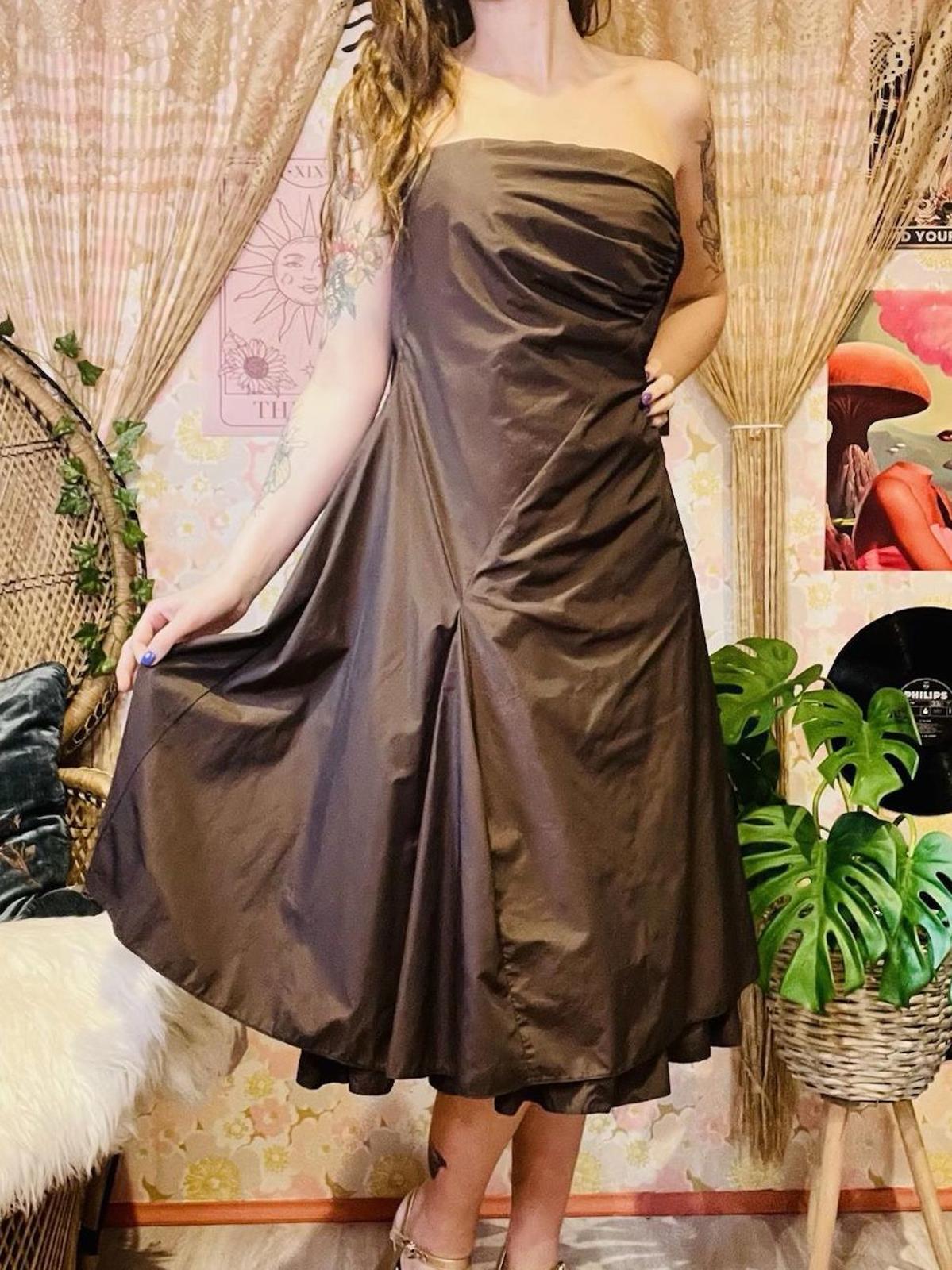 Vintage 1990s Prom Dress 90s Strapless Cocktail Gown Brown Size 14