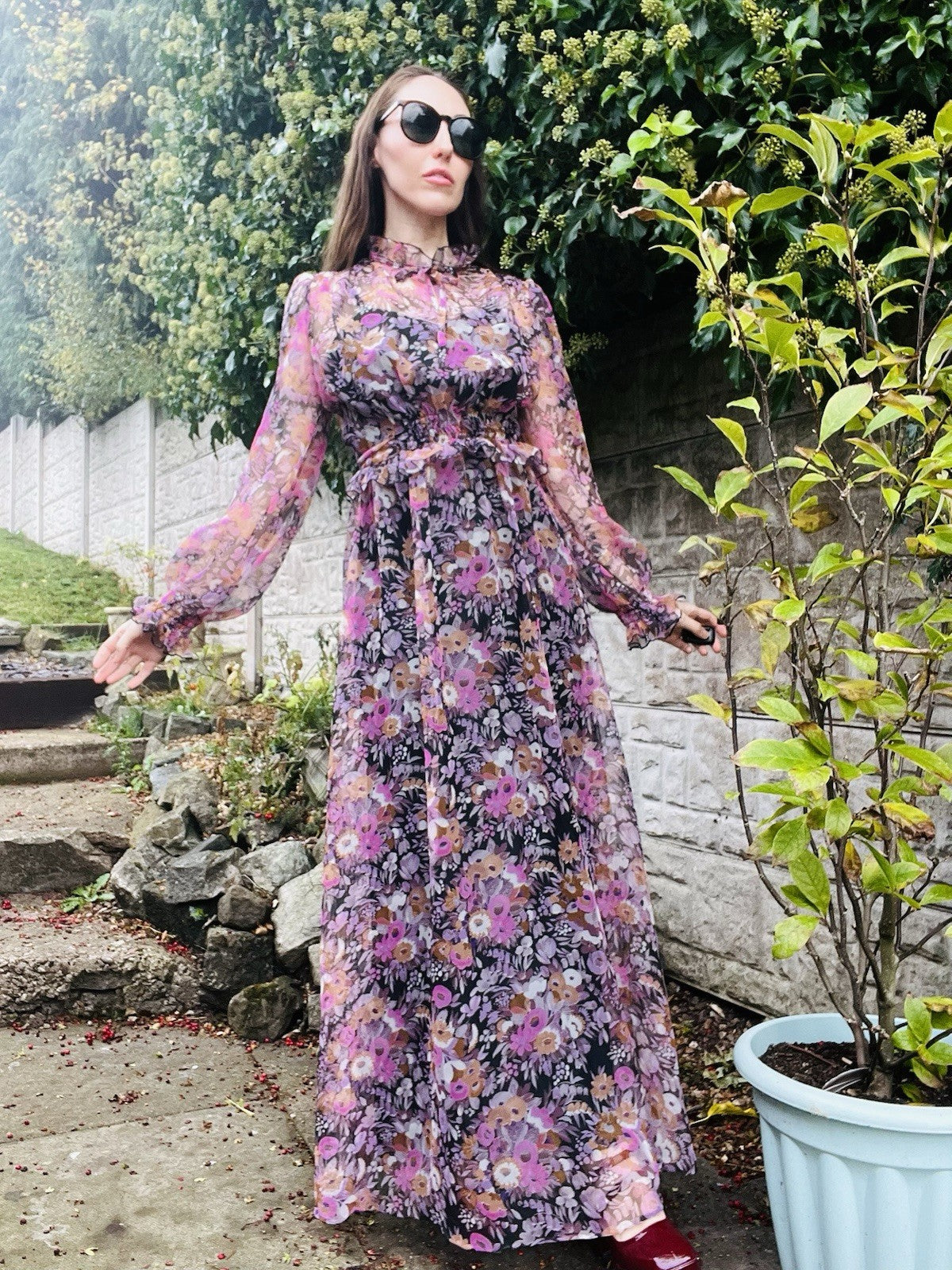 Vintage 1970s Maxi Dress Size 8 By Vera Mont Long Sleeve Floral Frilly High Neck