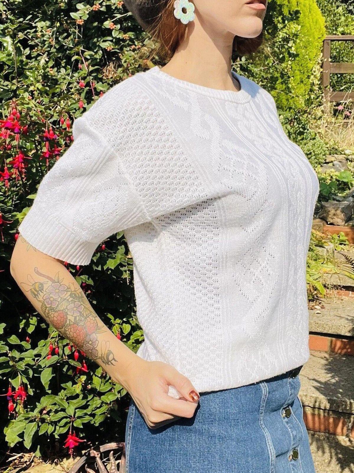 Vintage 80s Knitted Jumper By Canda Short Sleeve Lightweight Knit Sweater 12 14