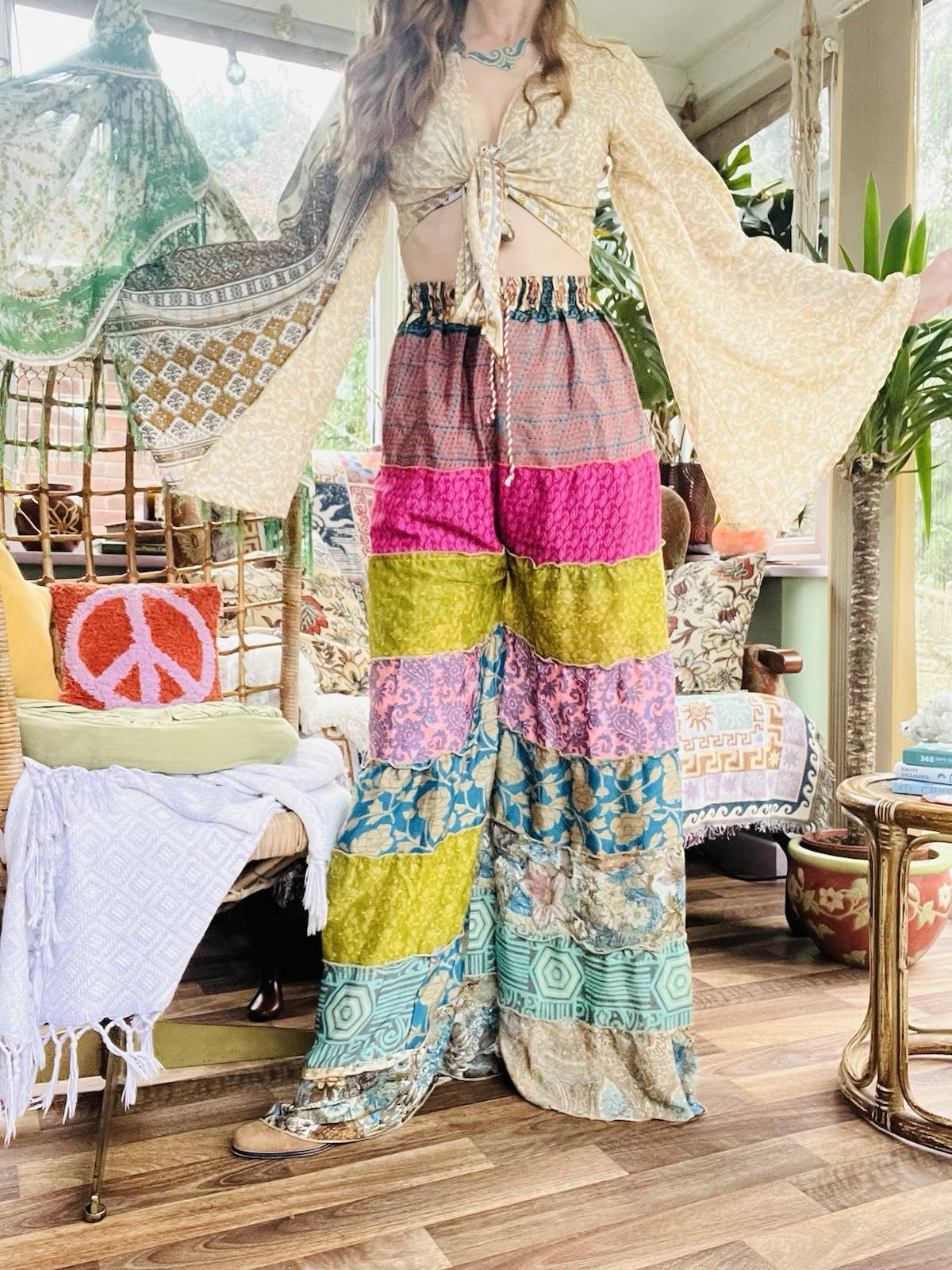 Wide Leg Trousers Vintage Patchwork Layered Sari Silk Hippie Boho Gypsy Pants M