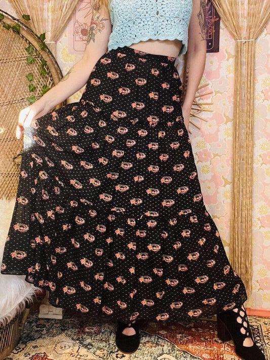 Vintage 1970s Maxi Skirt Long Frilly Prairie Style cottagecore Skirt Black S 8