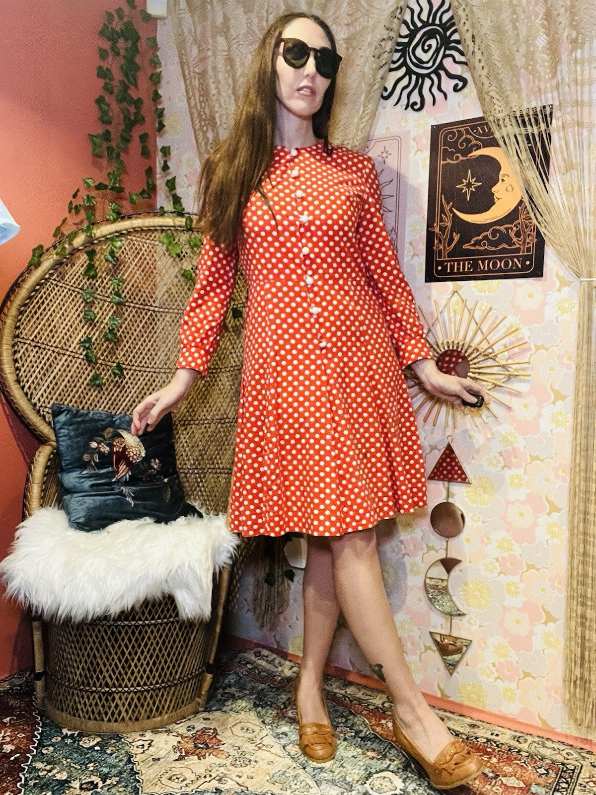 Vintage 60s Day Dress Size 12 Red Retro 1960s Polkadot Long Sleeve Pleated