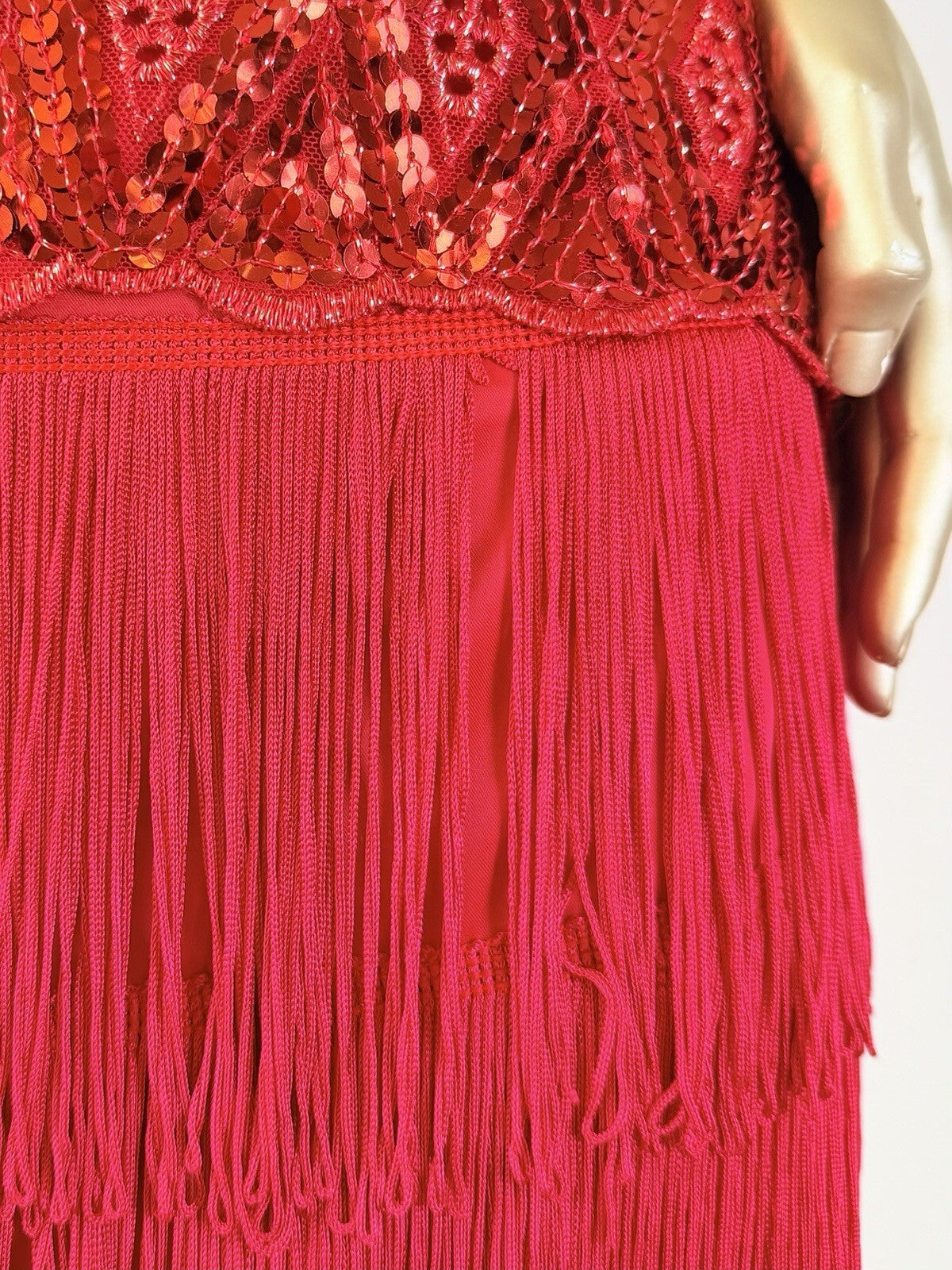 Vintage 1980s Festival Dress Sequin Tassel Western Halterneck Flapper Red S 6
