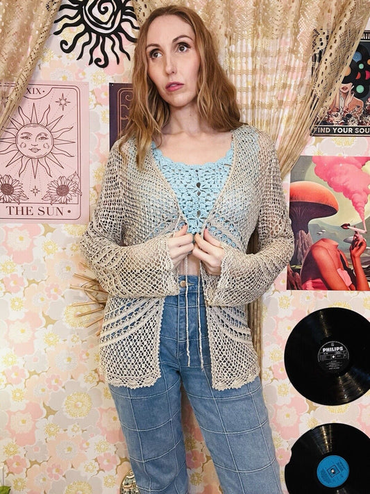 Vintage 1990s Crochet Cardigan Whimsigoth Cottagecore Summer Gold Knit Top M
