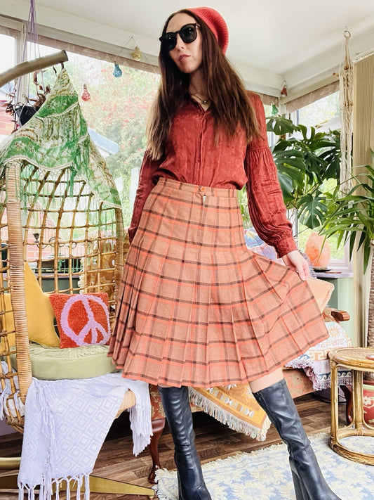 Vintahe 1980s Tartan Skirt, Pleated Plaid High Waist Midi Skirt, Orange Size 12