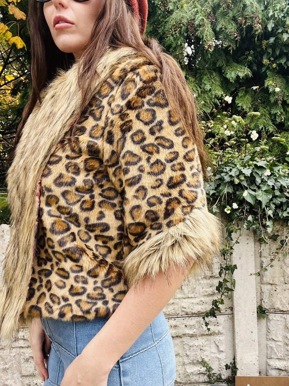Y2K Faux Fur Coat Vintage Leopard Print Jacket 3/4 Sleeves Size 10-12 Aeromiss