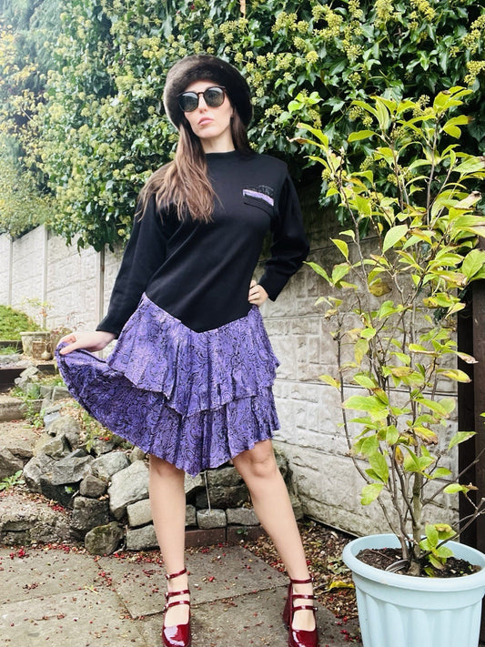 Vintage 1980s Jumper Dress Black Purple Size 16 Long Sleeve Layered Party Dress