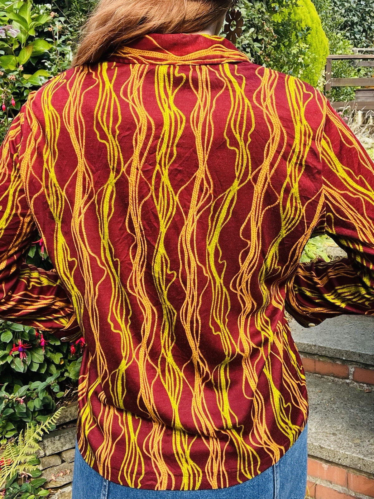 Vintage 1980s Abstract Blouse Burgundy Red Long Sleeve Retro Shirt Size 14