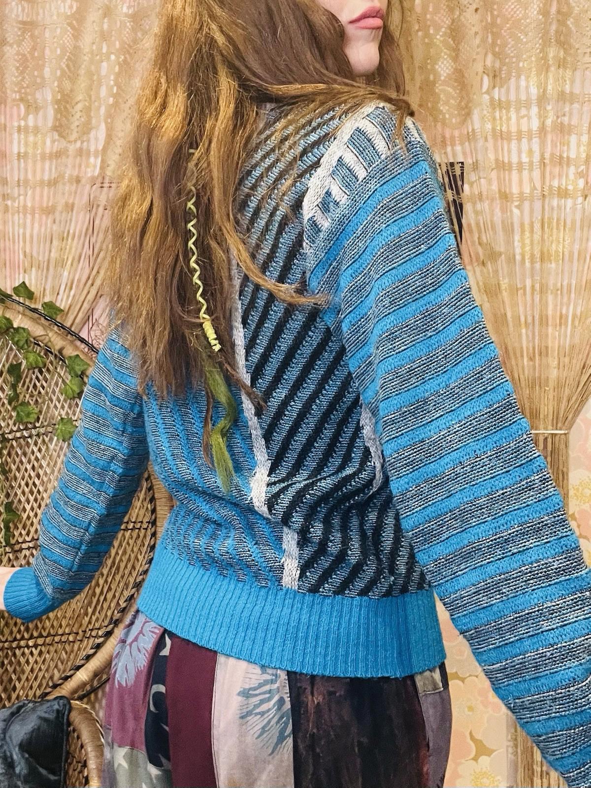 Vintage 1980s Puma Jumper Retro Sports Knit Sweater Blue Striped Size 10