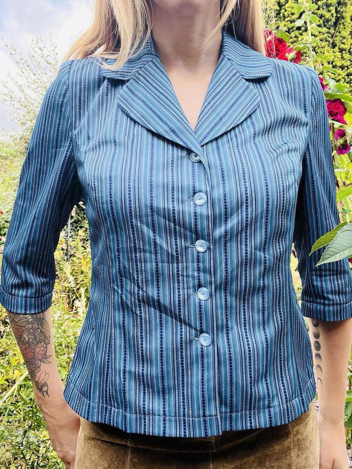 Vintage 1960s Striped Blouse 3/4 Sleeve Shirt With Collar Blue Size 10 to12