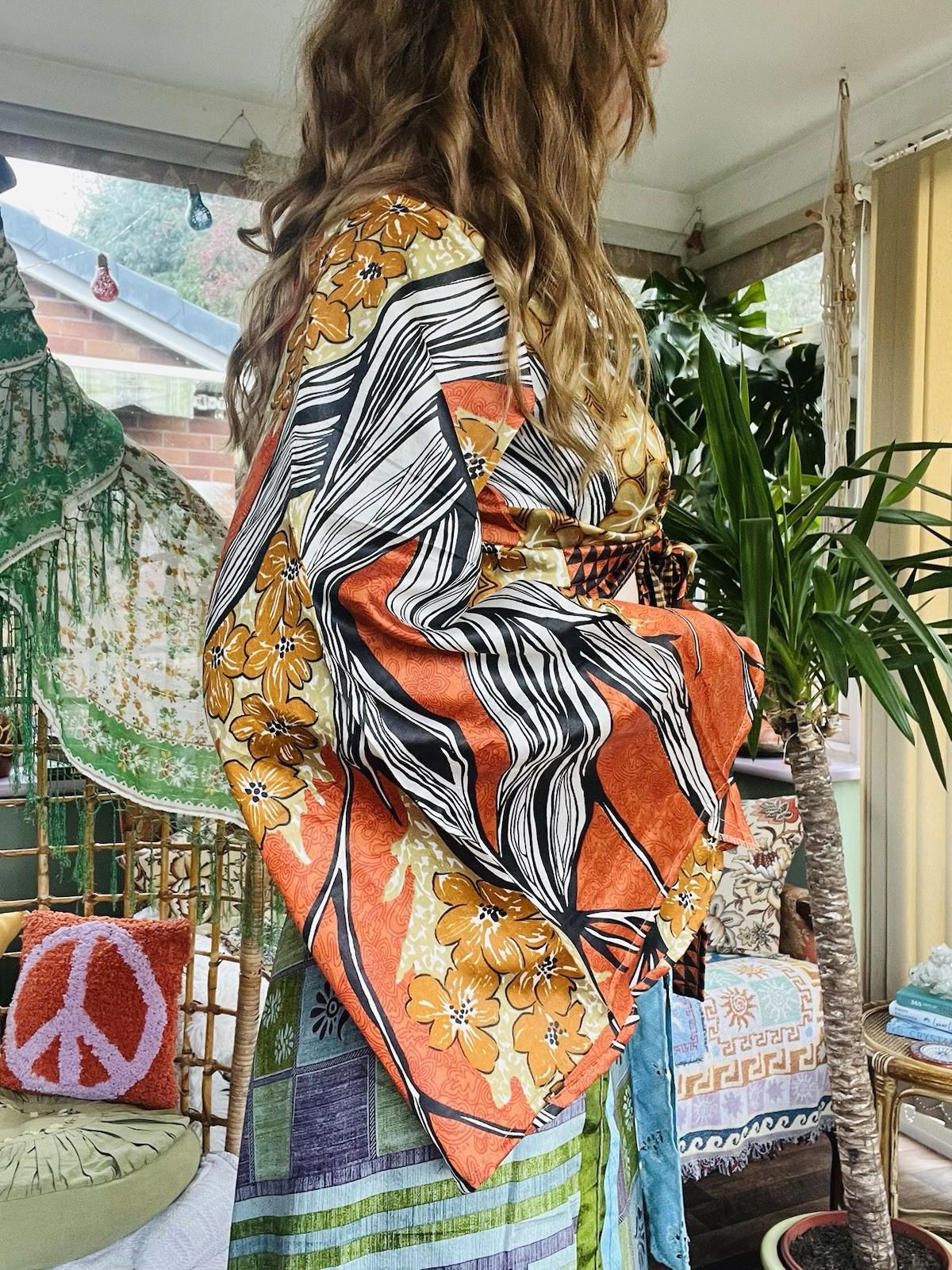 Flared Sleeve Top Vintage Silk Hippie Boho Bell Sleeved Wrap Top Gypsy Bolero