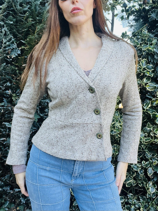 Vintage 1970s Knitted Cardigan, Retro Wool Knit Fitted Jacket Beige Size 10