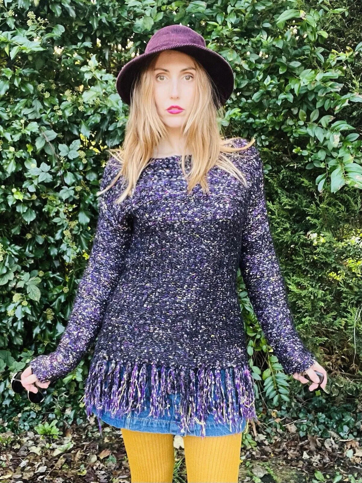 Fairycore Knit Jumper Frayed Tassel Hem Warm Cosy Whimsigoth Sweater Purple 8-12