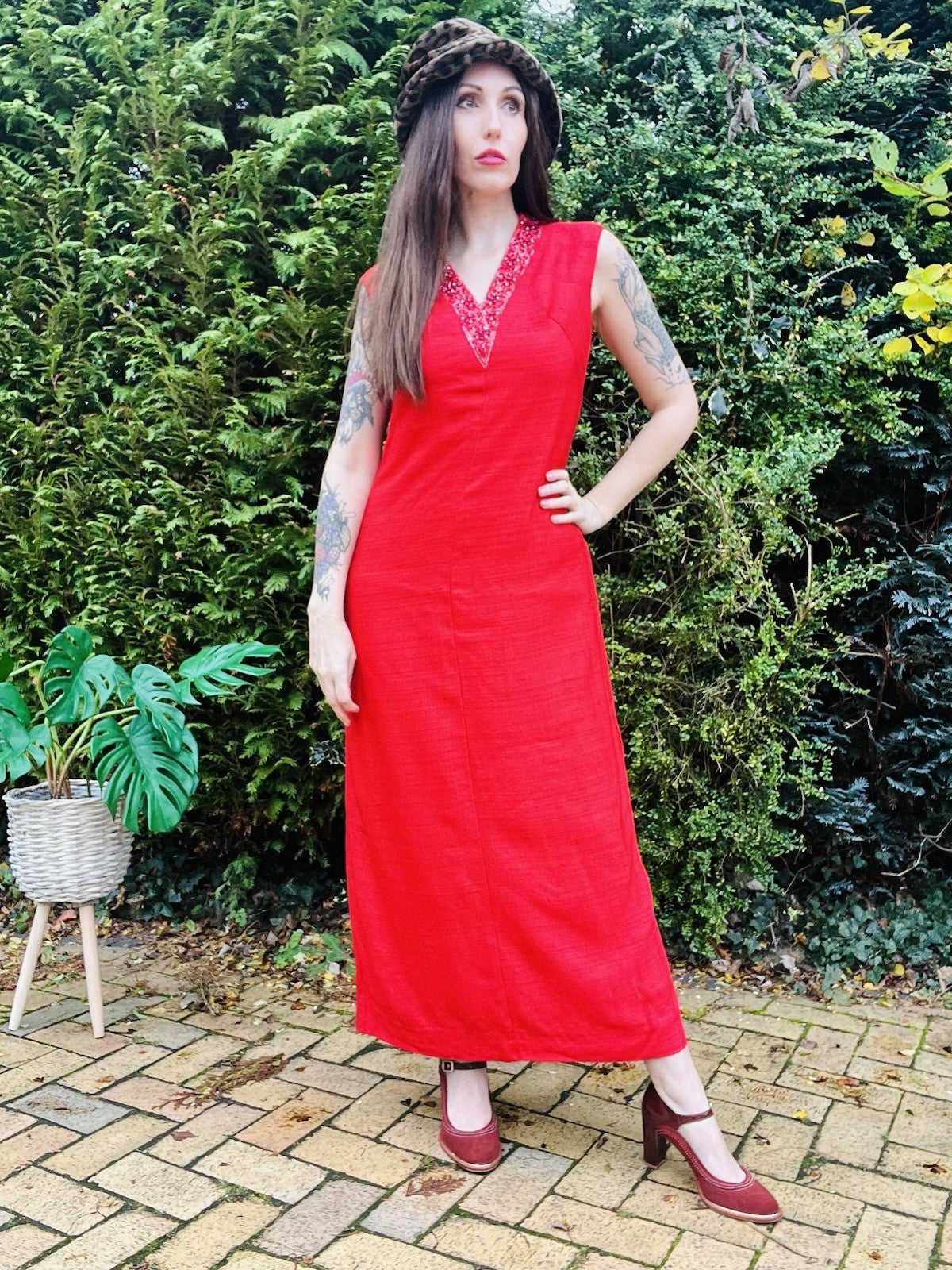Vintage 1970s Maxi Dress Beaded Embellished Long Retro 70s Dress Red Size 14