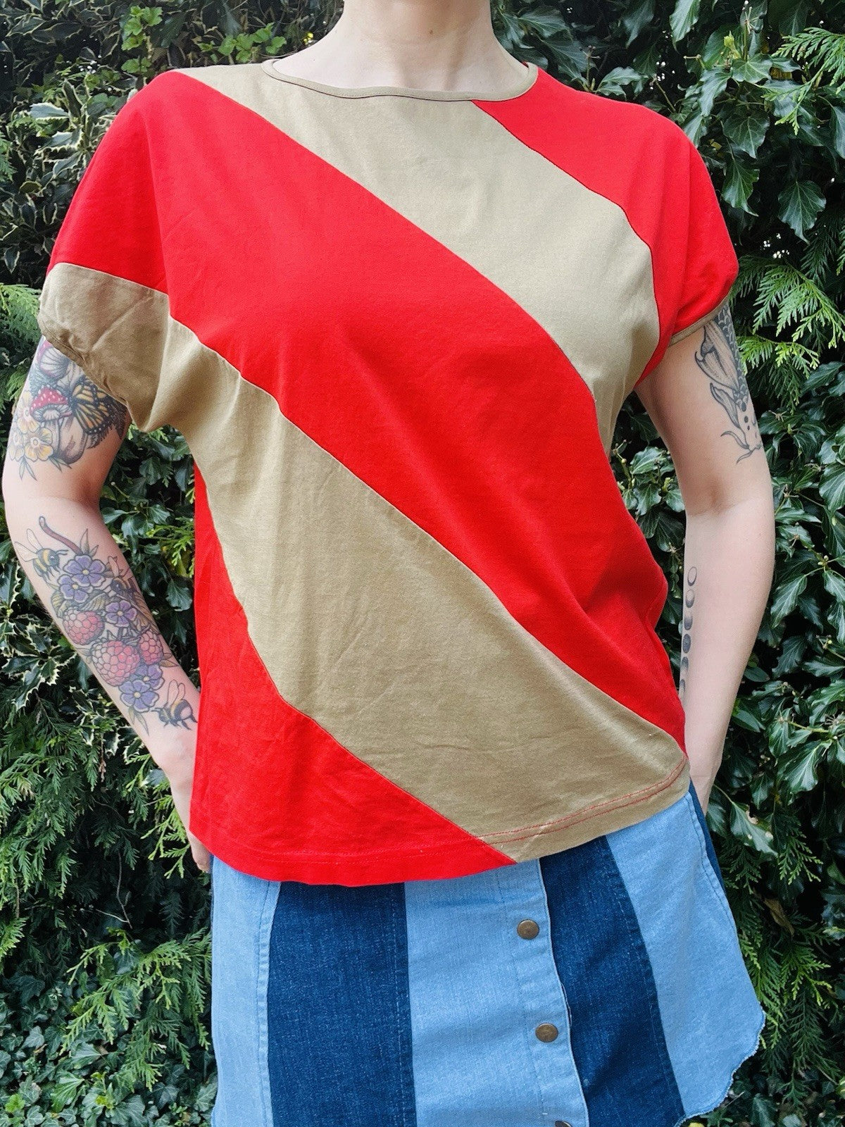 Vintage 1990s Striped T-shirt Bold Block Colour Red Beige Retro Top Size 16