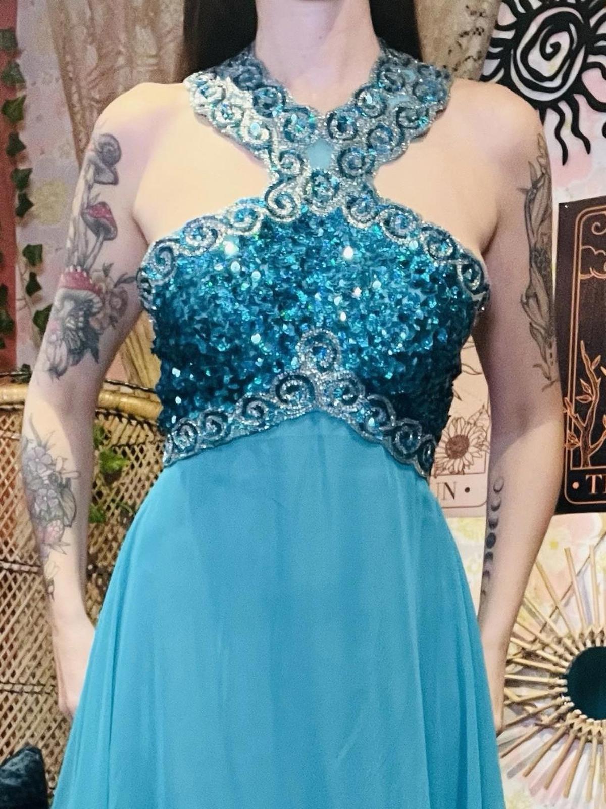 Vintage 1970s 1980s Dress Size 8 Teal Blue Designer Mike Benet Sequin Ball Gown