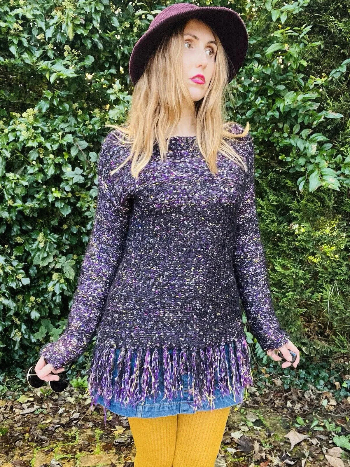 Fairycore Knit Jumper Frayed Tassel Hem Warm Cosy Whimsigoth Sweater Purple 8-12