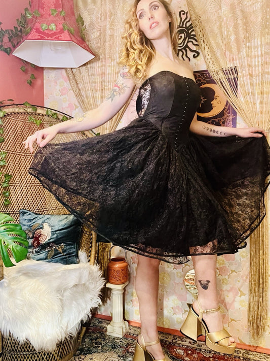 Vintage 1980s Party Dress Black Lace Corset Bodice With Sheer Panels Size 8