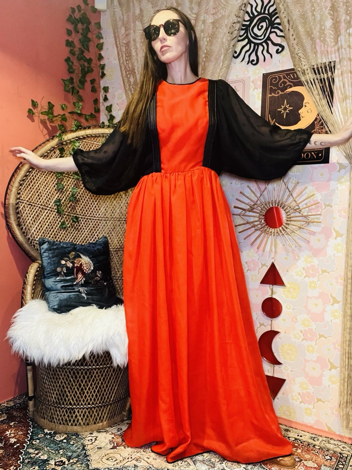 Vintage 1980s Maxi Dress Red Size 14 Long With Retro Batwing Sleeves