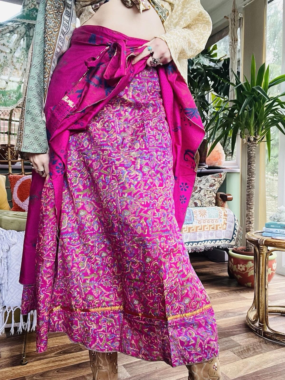 Layered Hippie Maxi Skirt Vintage Sari Silk Hippie Boho Long Gypsy Wrap Skirt