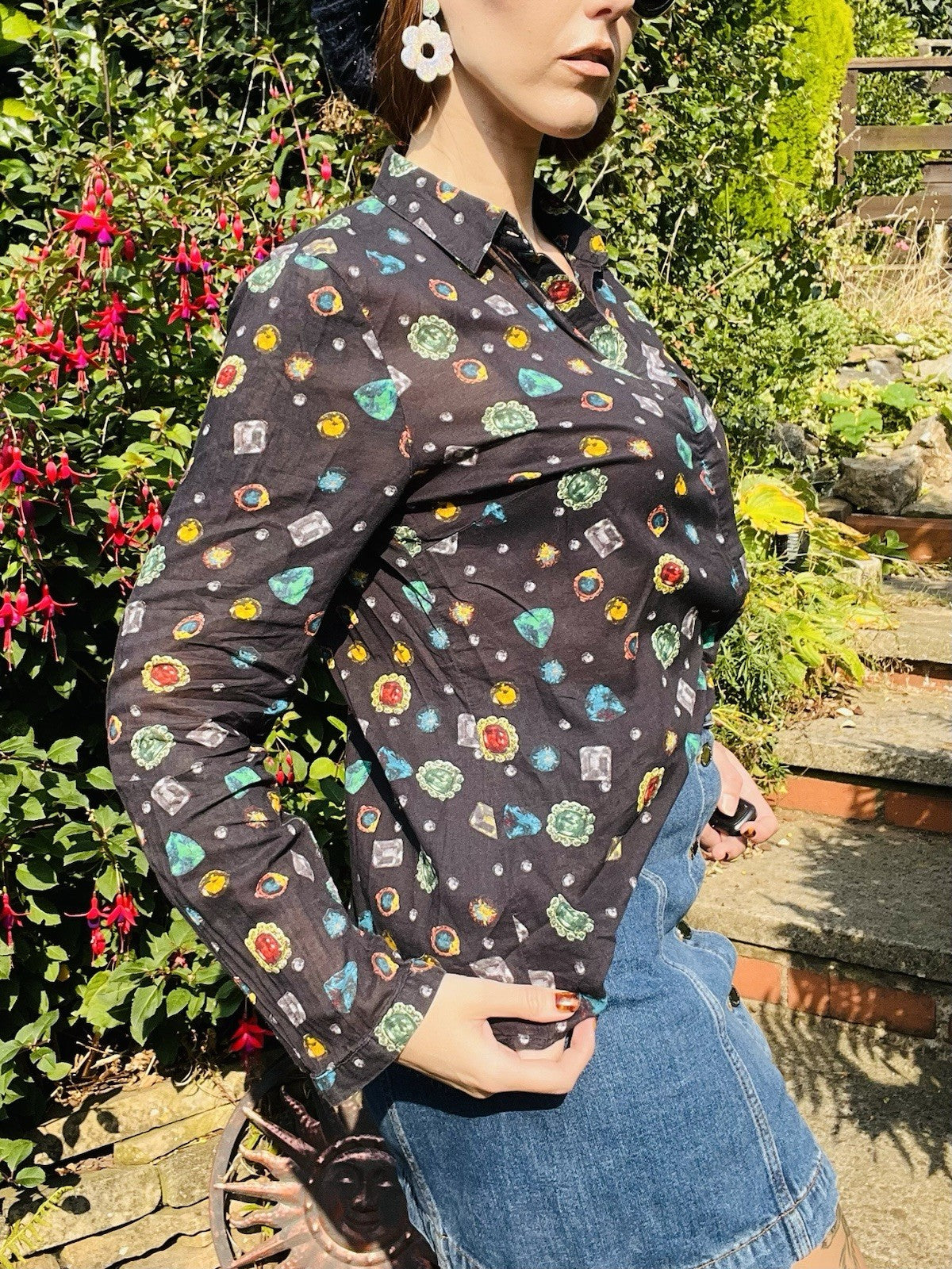 Vintage Blouse Bold Retro Print Collared Shirt Casual Or Formal Office Workwear