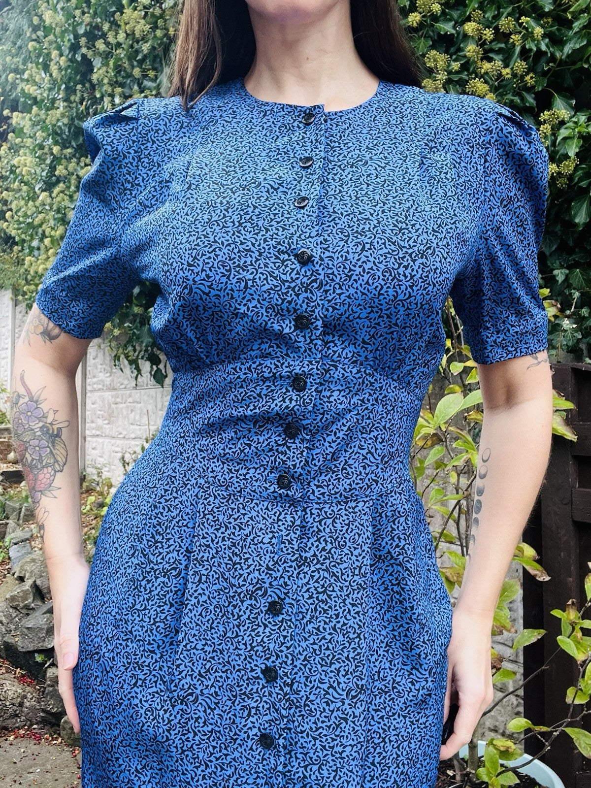 Vintage 80s Tea Dress Blue Size 6 To 8 By Liz Claiborne Cinched Waisted Ditsy