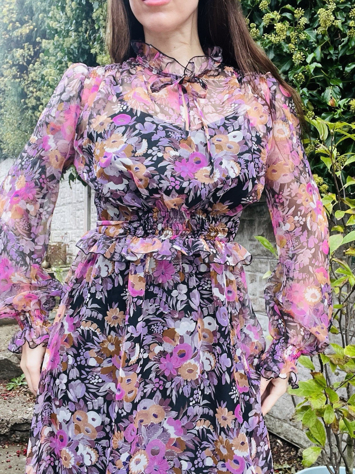 Vintage 1970s Maxi Dress Size 8 By Vera Mont Long Sleeve Floral Frilly High Neck