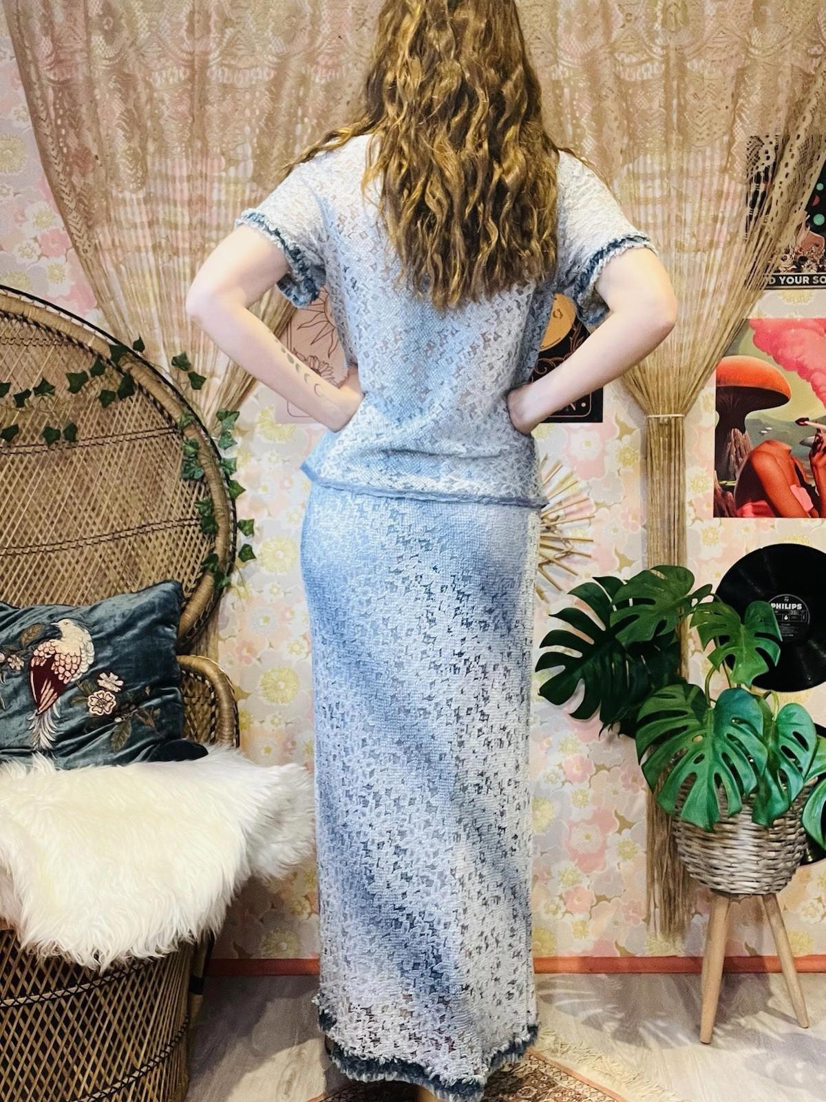 Vintage 1990s Two Price Coord Set Maxi Skirt T-shirt Top Frayed Denim Look 14