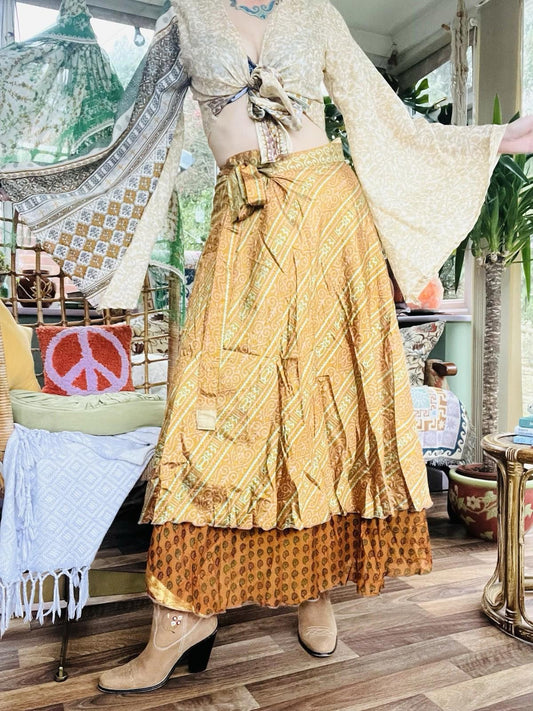 Layered Hippie Maxi Skirt Vintage Sari Silk Hippie Boho Long Gypsy Wrap Skirt