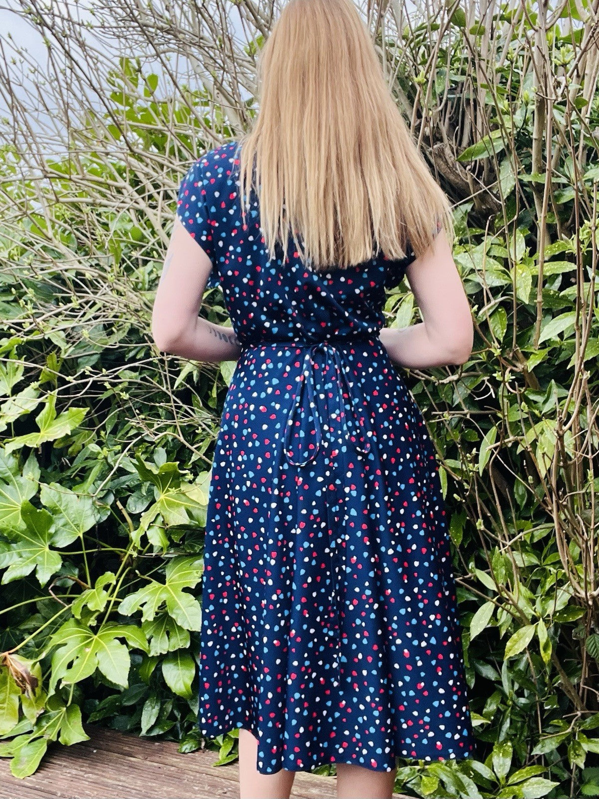 Vintage 1980s Wrap Dress Summer Polkadot Midi Dress With Short Sleeves 12-14