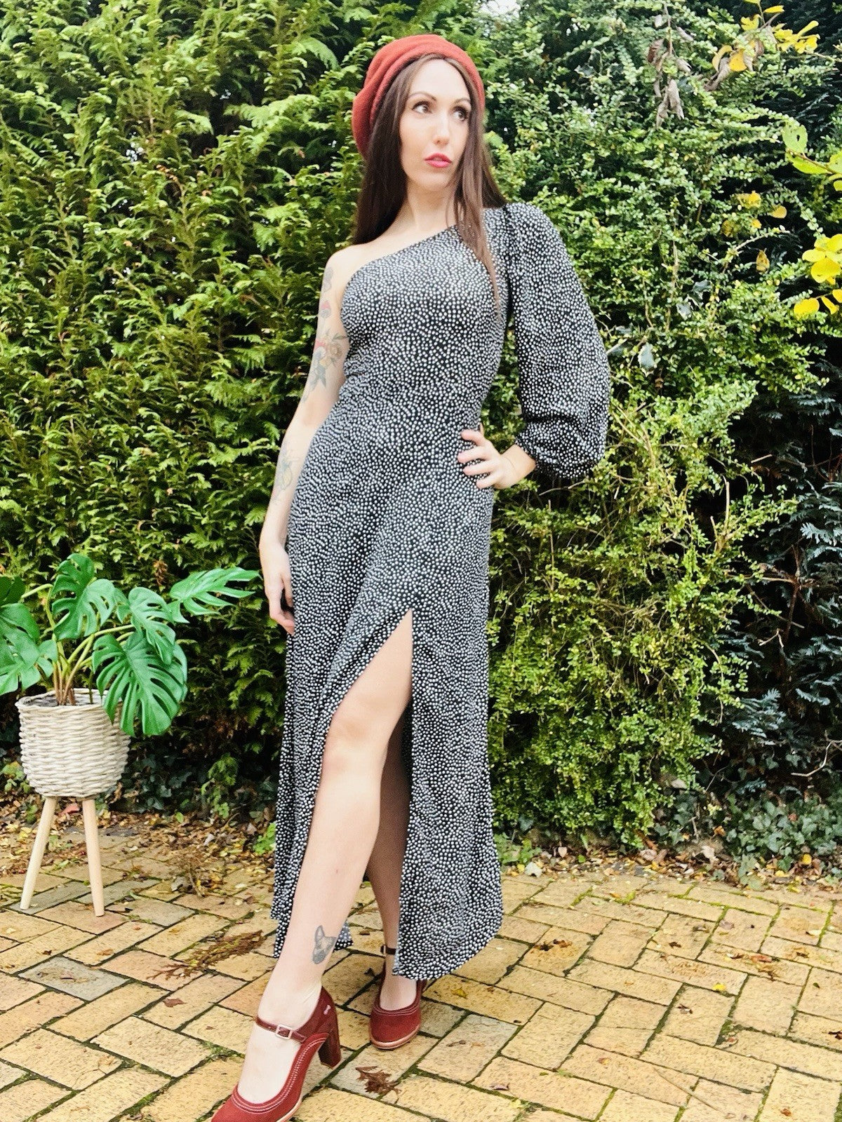 One Shoulder Maxi dress By Free People 6 To 8 Leg split hippie boho Polkadot