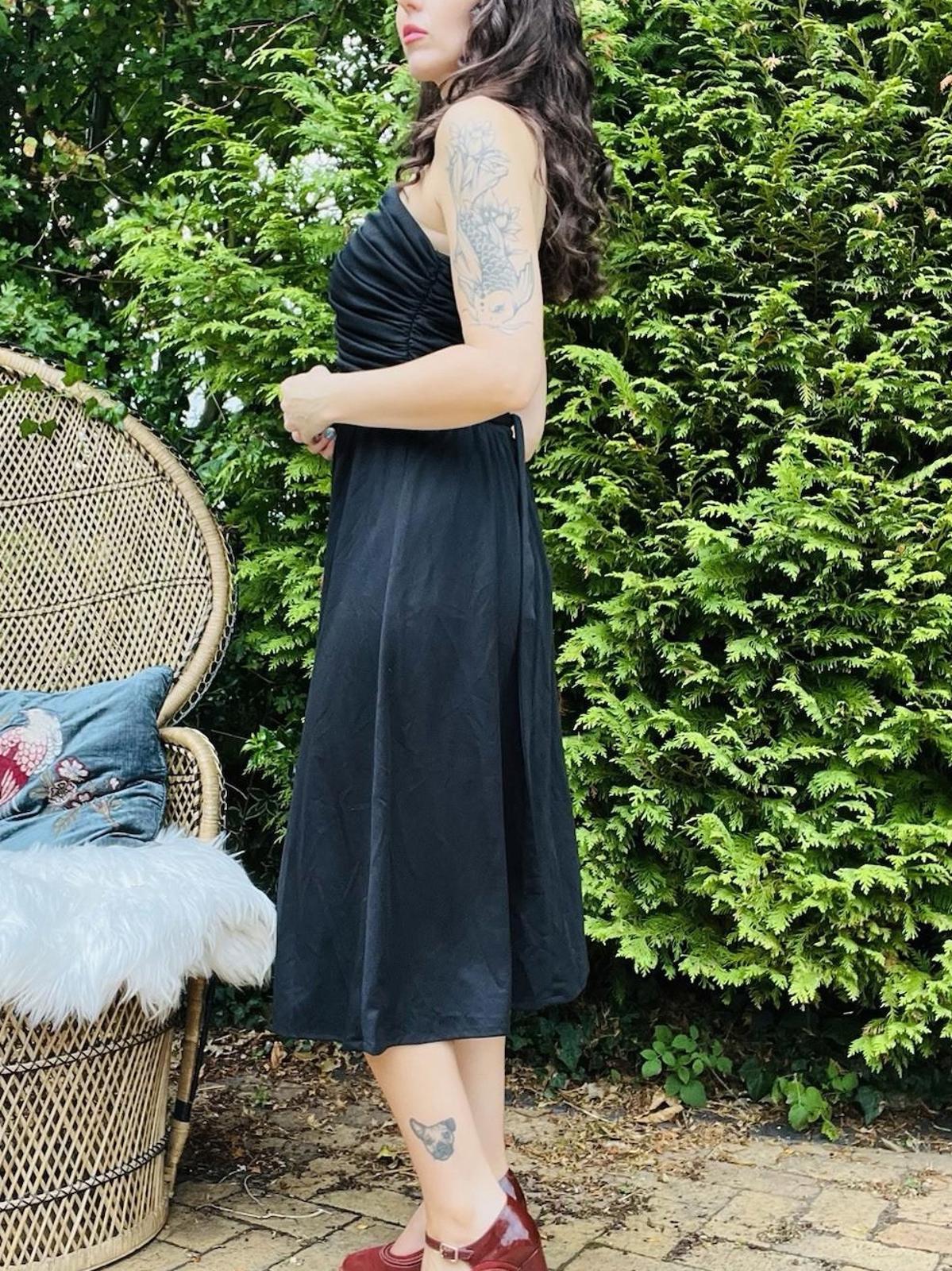 Vintage 1980s Party Dress Black Floaty Rouched Waist Strappy Dress Size 12