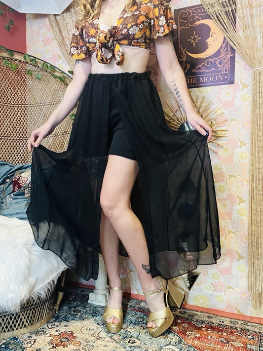 Vintage 1990s Sheer Skirt With Shorts And Slit Elasticated Waist Skort Black S