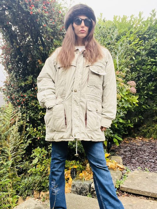 Vintage 90s Winter Coat Oversized Feather Down Jacket By Canda C&A Beige Size 12