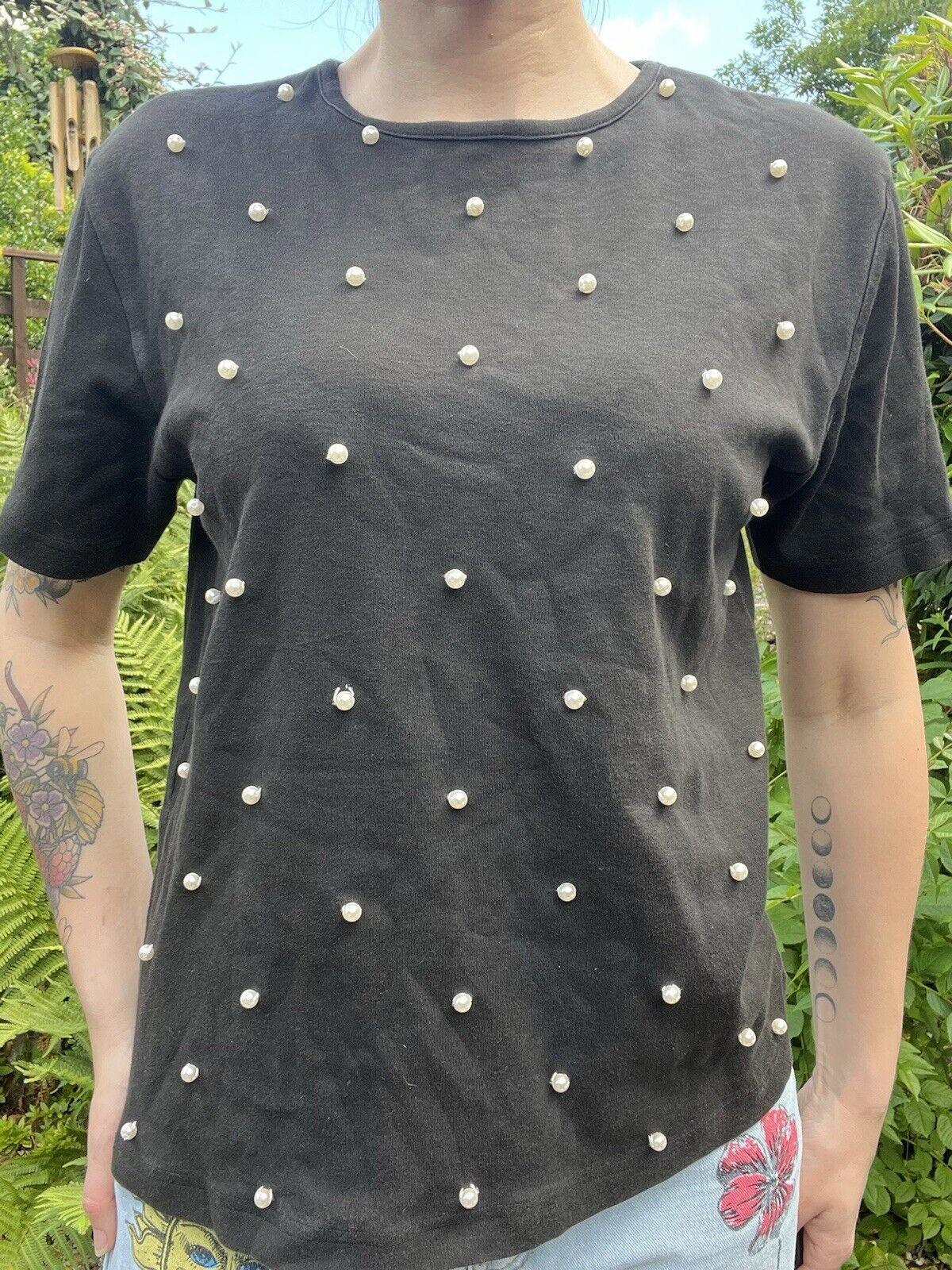 Vintage 1980s Tshirt Top By SK & Company With Faux Pearl Detail Size M 12 14