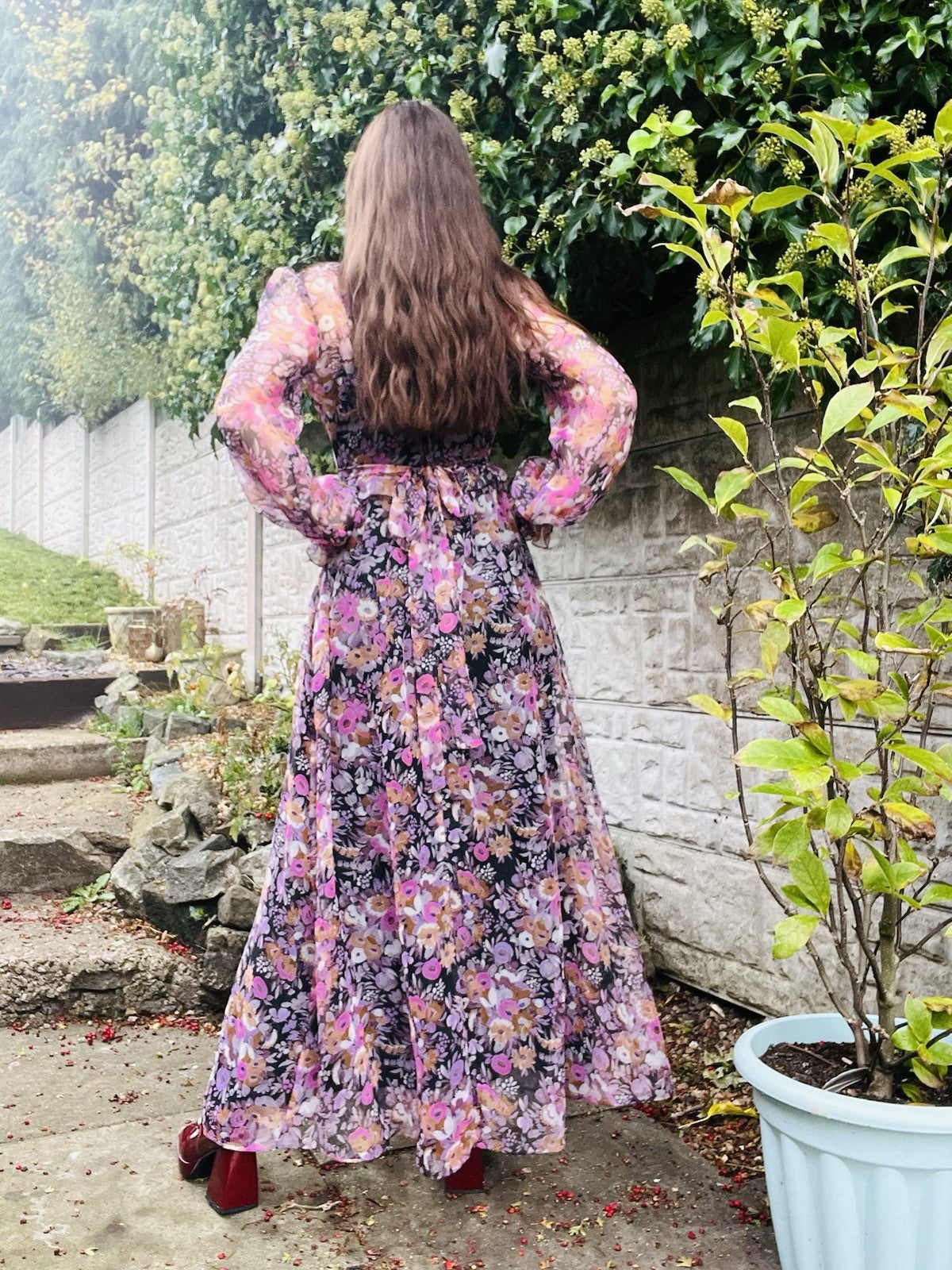 Vintage 1970s Maxi Dress Size 8 By Vera Mont Long Sleeve Floral Frilly High Neck