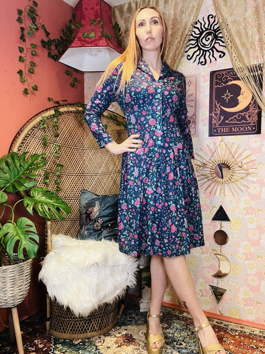 Vintage 1960s Shirt Dress By Deanes Long Sleeve Floral Shorter Fitting Blue 10