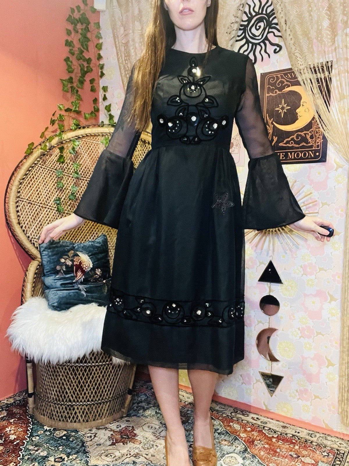 Vintage 90s Party Dress Black S 8 By Vera Mont Whimsigoth  Star Flared Sleeves