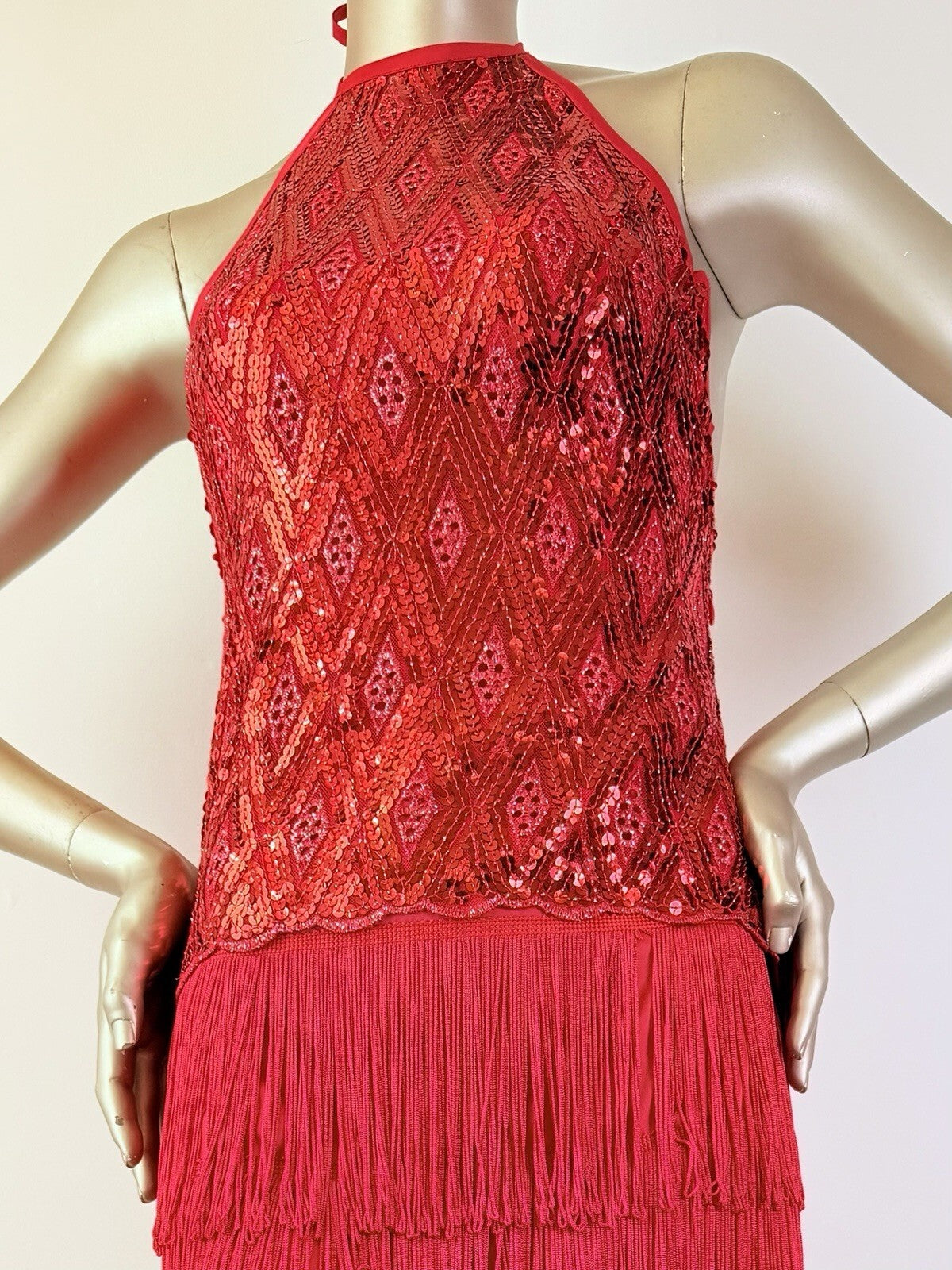 Vintage 1980s Festival Dress Sequin Tassel Western Halterneck Flapper Red S 6