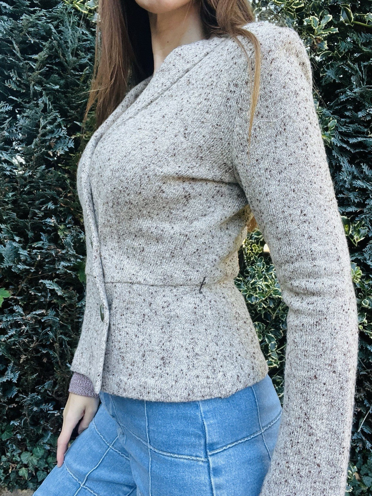 Vintage 1970s Knitted Cardigan, Retro Wool Knit Fitted Jacket Beige Size 10