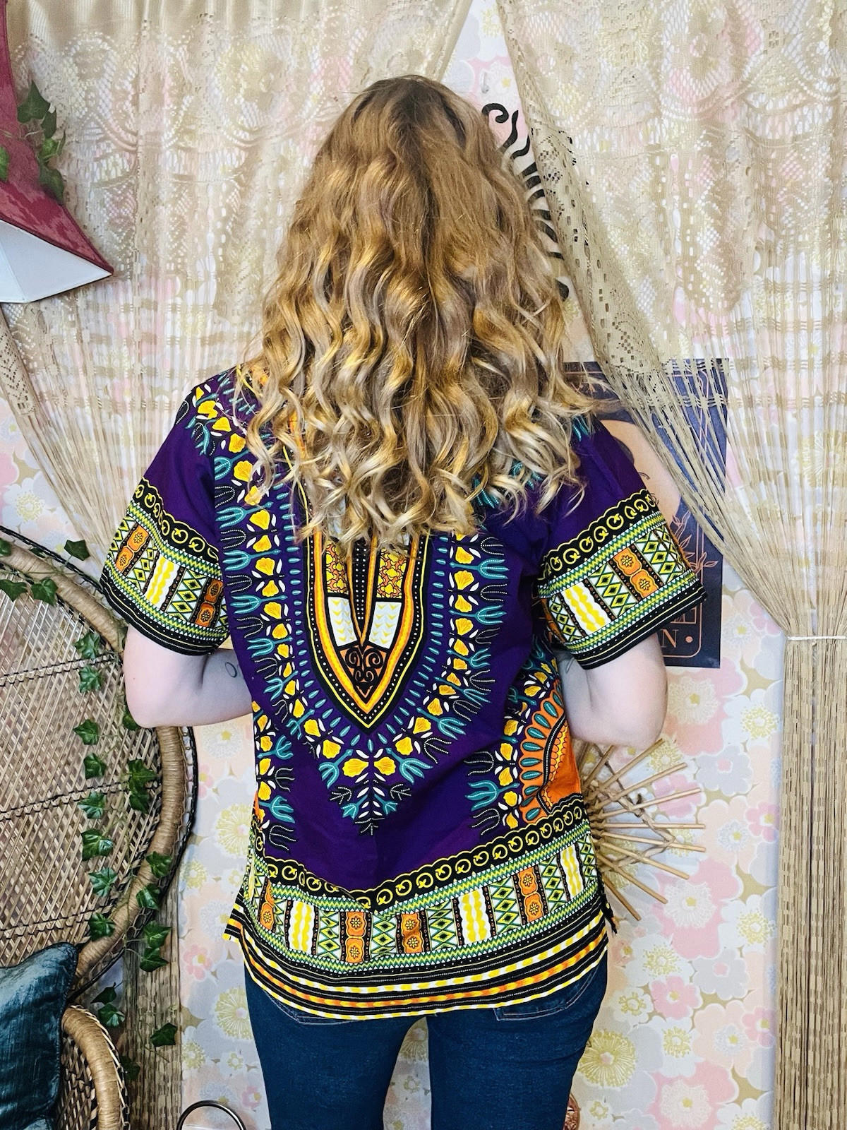 African Dashiki Boho Top 100% Cotton Summer T-shirt Blouse Abstract Print L