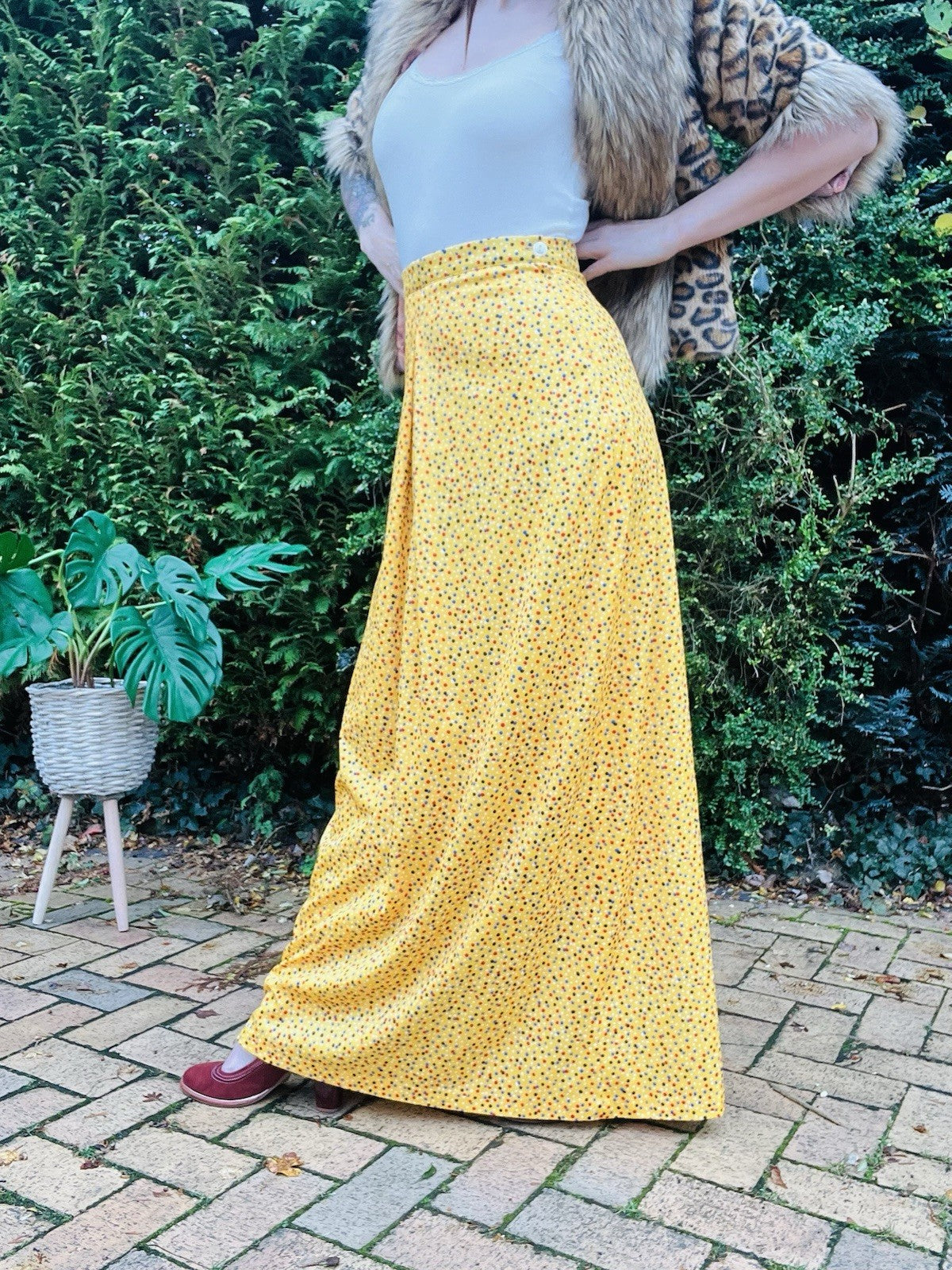 Vintage 60s Maxi Size 10 Yellow Long Polkadot Retro 1960s Skirt High Waist