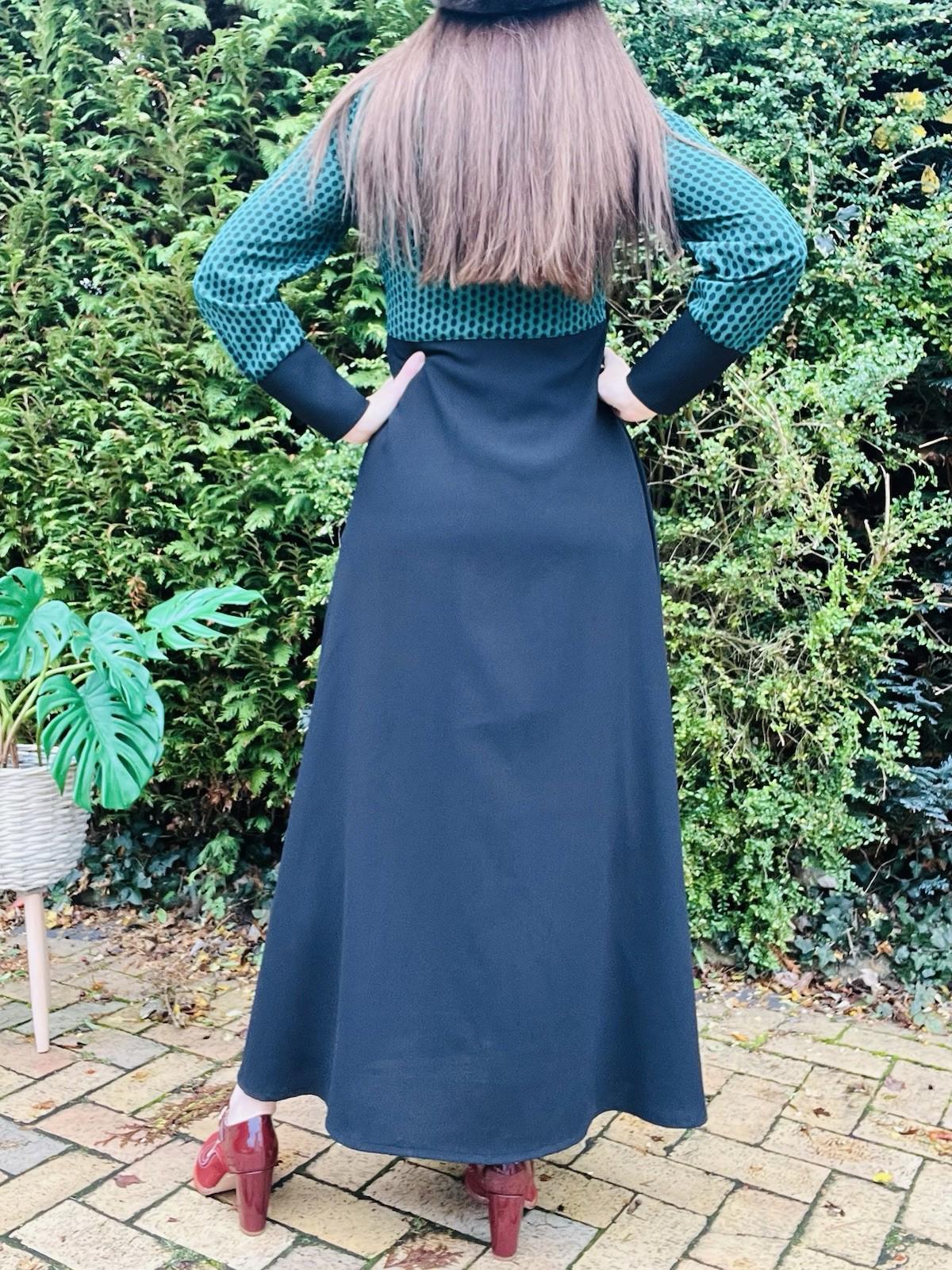 Vintage 1970s Long Dress Size 8 High Neck Long Sleeve Retro Polkadot Black Green
