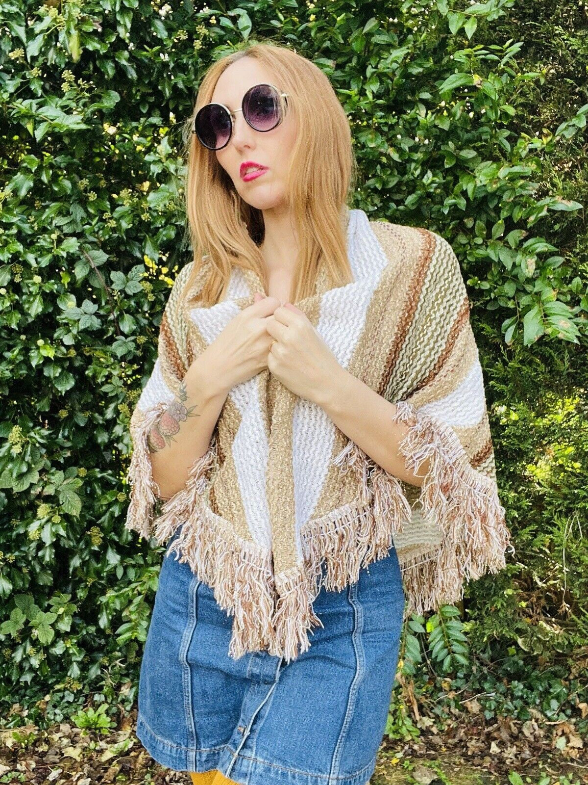 Vintage Boho Crochet Shawl Hippie Triangle Knit Wrap Cape Cottage Whimsy Scarf