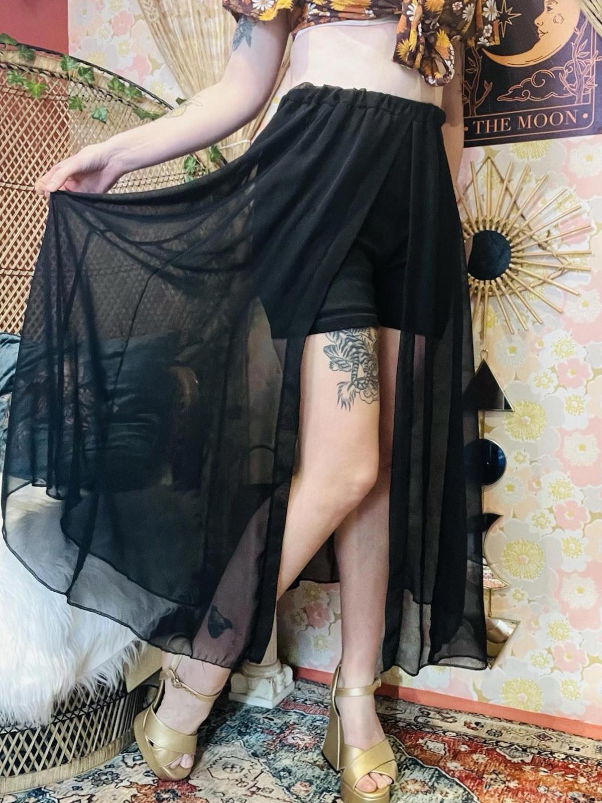 Vintage 1990s Sheer Skirt With Shorts And Slit Elasticated Waist Skort Black S