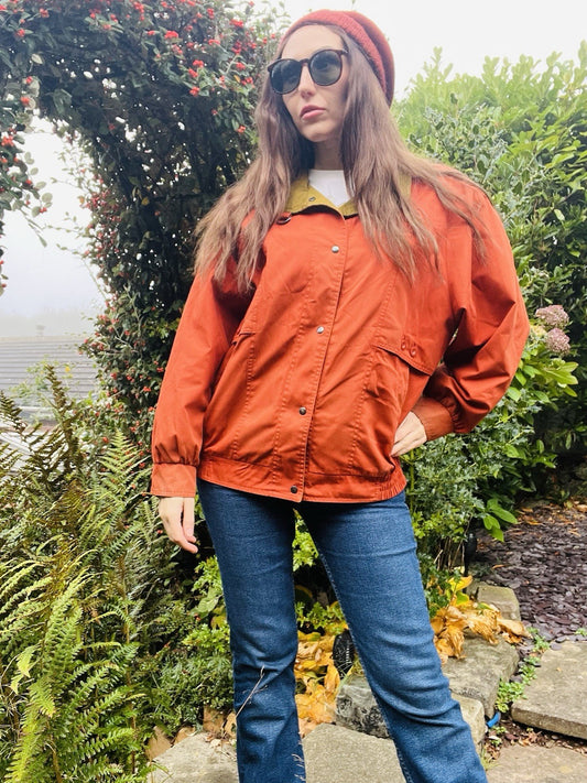 Vintage 70s Retro Jacket By Telemac Bold Orange Coat With Tartan Plaid Lining 14